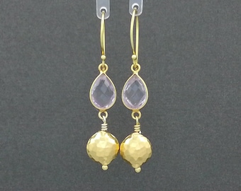Pink Amethyst & Gold Vermeil Earrings with Hammered Beads/Gifts/Presents
