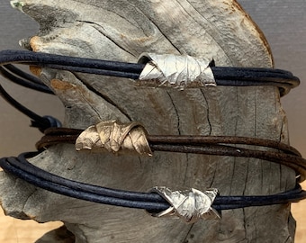 Silver or Bronze Leaf Leather Wrap Bracelets/Necklaces