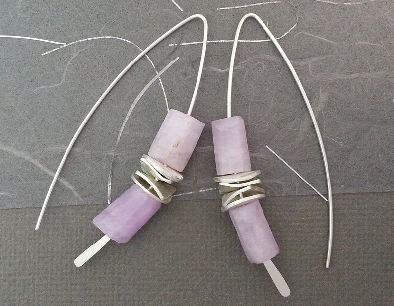 gifts for her Raw Lilac Kunzite Threader Earrings in a sterling silver handcrafted stacking style