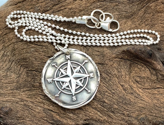 Collier pendentif en forme de boussole avec carte du monde en argent sterling S925/ sur cha/îne de 46/ cm