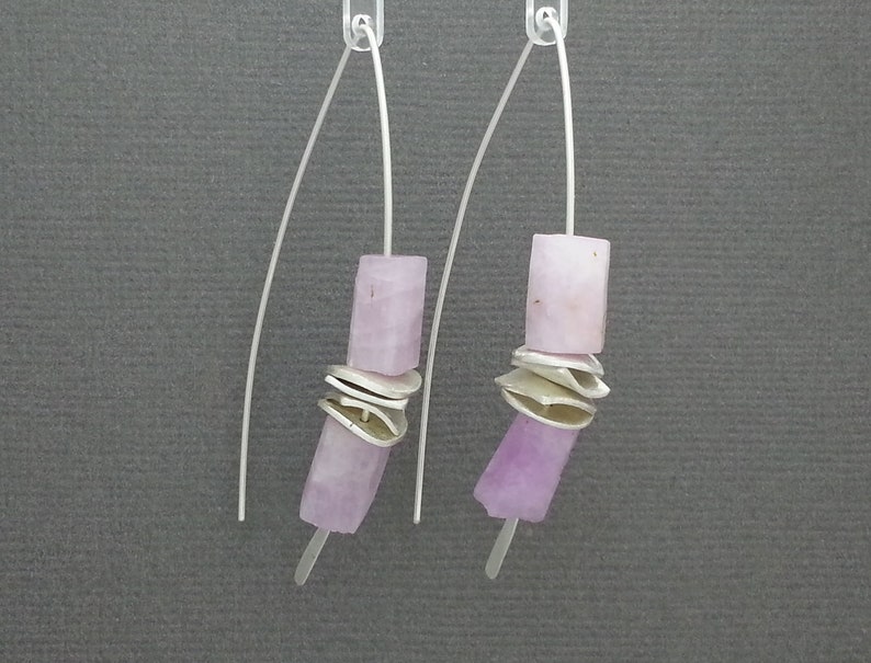 gifts for her Raw Lilac Kunzite Threader Earrings in a sterling silver handcrafted stacking style