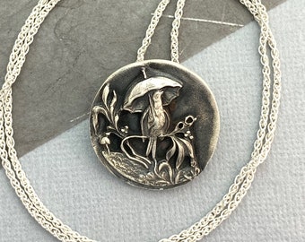 Bird Under Umbrella Pendant in patinated silver, gifts for her