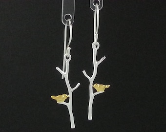 Gold Bird on Branch/Tree Earrings in Sterling Silver