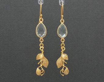 Green Amethyst Leaf & Vine Gold Vermeil Earrings/prasiolite/gift for her