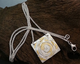 Square Swirl Necklace in Fine/Sterling Silver with gold patination
