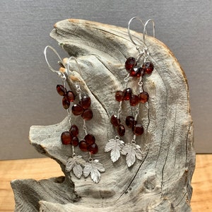 Garnet & Maple Leaf Silver Earrings image 1