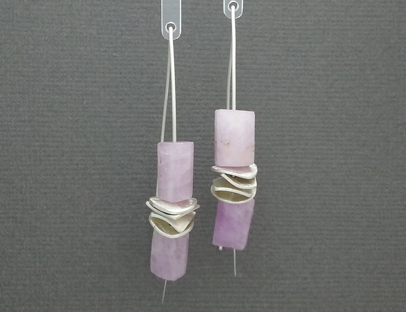 gifts for her Raw Lilac Kunzite Threader Earrings in a sterling silver handcrafted stacking style