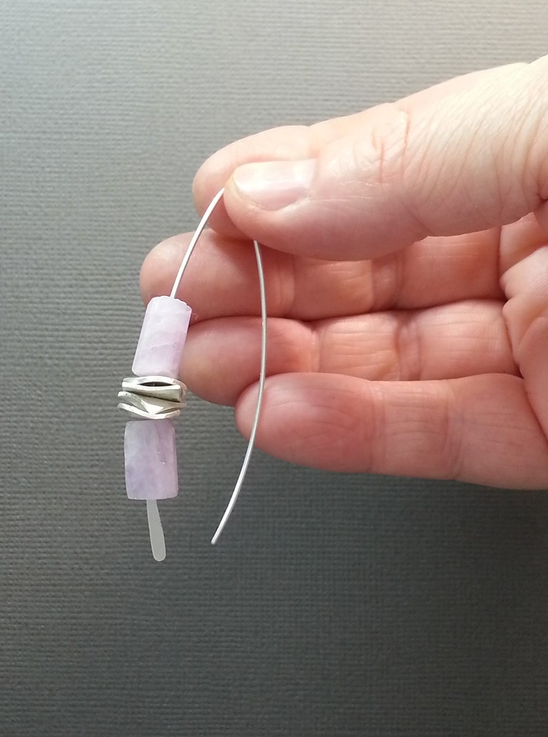 gifts for her Raw Lilac Kunzite Threader Earrings in a sterling silver handcrafted stacking style