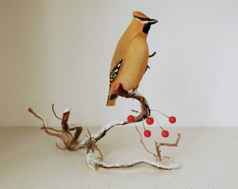 Waxwing - Driftwood Bird Carving - by Grace Silverwood