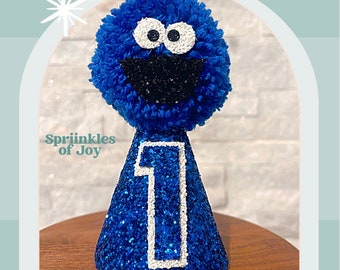Cookiie monster birthday hat | First Birthday hat sesame girl blue