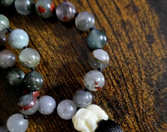 African Bloodstone Mala Necklace with Elephant Guru Bead