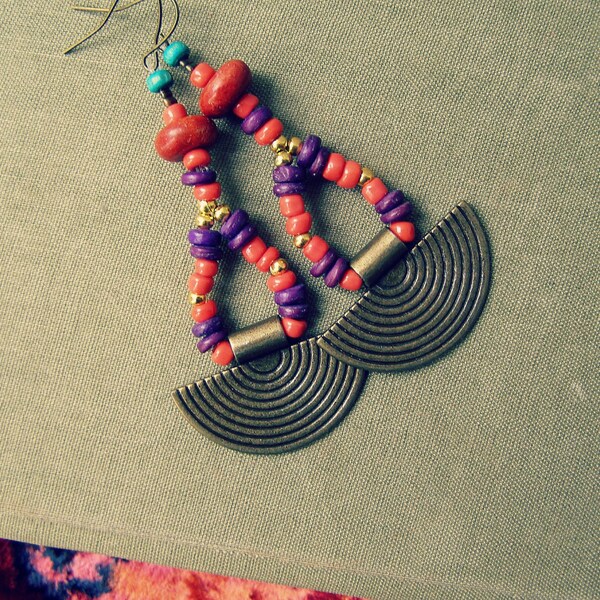 Egyptian Tribal Beaded Chandelier Earrings, Gemstone Natural Brass Colorful long Drop Earrings, Boho Statement Dangle Coral Brass Earrings