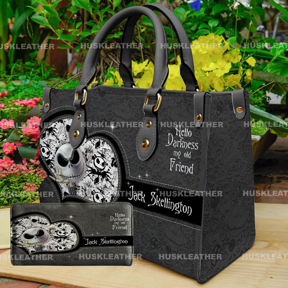Skellington Hello Darkness My  Old Friend Leather Handbag,Skellington Lover's Handbag,Skellington Wallet,Custom Leather Bag,Personalized Bag