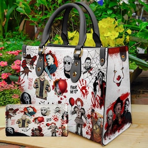 Personalized Name Horror Halloween Leather Handbag & Wallet, Shoulder Bag, Horror Leather Bag, Crossbody Bag, Top Handle Bag, Gift For Mom