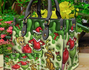 Personalisierte Grinch Lederhandtasche, Grinch Weihnachten Frauen Taschen, Grinch Liebhaber Handtasche, Frau Handtasche, Benutzerdefinierte Ledertasche, Weihnachtsgeschenke