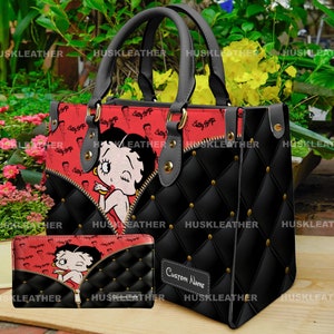 Bolso de mano de cuero para mujer con dibujos animados de Betty Boop y nombre personalizado, billetera Betty Boop, bolso de mano para amantes de Betty Boop, bolso de cuero personalizado, bolso personalizado