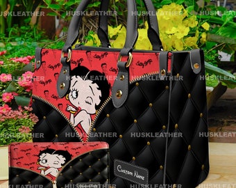 Personalized Name Betty Boop Cartoon Women Leather Handbag,Betty Boop Wallet,Betty Boop Lover&#39;s Handbag,Custom Leather Bag,Personalized Bag