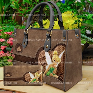 Tinker Bell Cartoon Frauen Lederhandtasche, Tinker Bell Lover Handtasche, Tinker Bell Brieftasche, benutzerdefinierte Ledertasche, personalisierte Tasche, Geschenk für Mutter