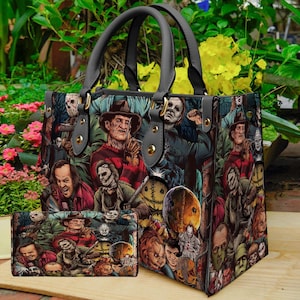 Personalized Horror Halloween Leather Handbag & Wallet, Shoulder Bag, Crossbody Bag, Top Handle Bag, Horror Leather Bag, Gift For Mom