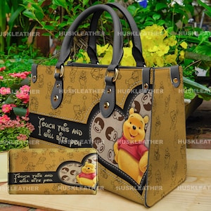Custom Winnie The Pooh Touch This I Will Bite You Women Leather Handbag,Pooh Lover's Handbag,Pooh Wallet,Custom Leather Bag, Gift For Mom