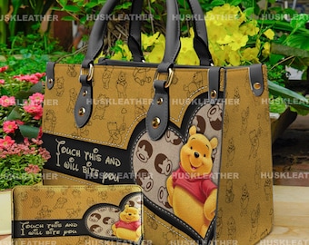 Custom Winnie The Pooh Touch This I Will Bite You Women Leather Handbag,Pooh Lover's Handbag,Pooh Wallet,Custom Leather Bag, Gift For Mom