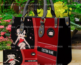 Betty Boop Cartoon Women Leather Handbag,Betty Boop Wallet,Custom Leather Bag,Personalized Bag, Betty Boop Lover&#39;s Handbag,Gift For Mom