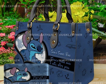 Bolso de mano de cuero con la frase "Toca esto y te morderé", dibujos animados de Lilo y Stitch, bolsos y carteras de mujer de Stitch, bolso de mano para amantes de Stitch, bolso de cuero personalizado