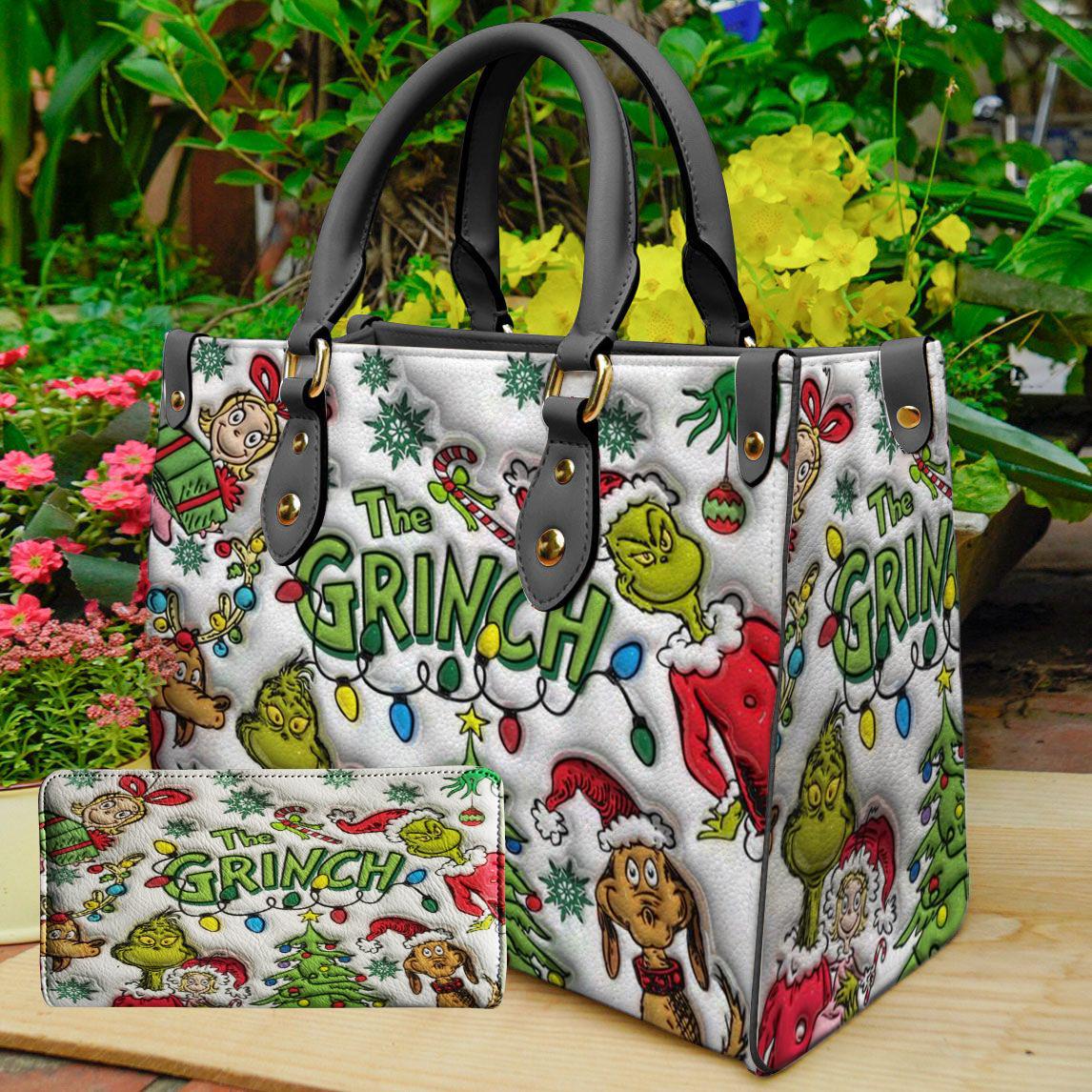 Personalized Christmas Grinch Leather Handbag, Grinch Women  display picture 1
