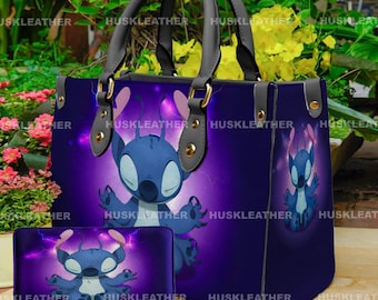 Bolso de mano de cuero personalizado con dibujos animados de Disney Stitch Do Yoga, bolso de mujer Stitch, bolso de mano para amantes de Stitch, bolso de cuero personalizado, bolso cruzado