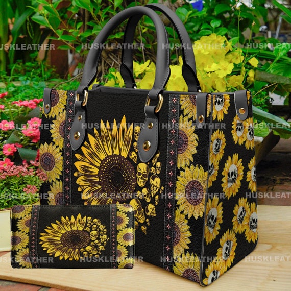 Custom Skull Sunflower Women Leather Handbag,Sunflower Lover's Handbag,Sunflower Wallet,Custom Leather Bag,Personalized Bag, Gift For Mom