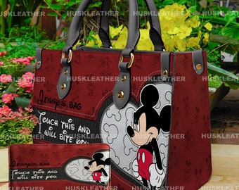 Toca este bolso de cuero con el mensaje "Te morderé", Mickey Mouse, bolsos y carteras de Mickey para mujer, bolso de mano para amantes de Mickey, bolso de cuero personalizado, bolso vintage