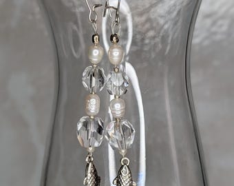 Vintage Crystal Bead and Freshwater Pearl Fish Earrings
