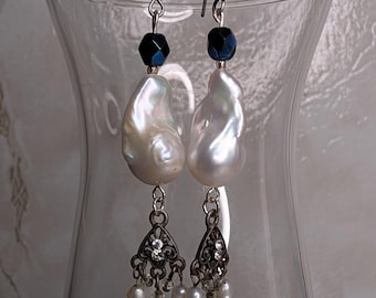 Flameball Pearl and Vintage Crystal Earrings