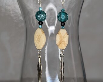 Vintage Bone Bead and Feather Drop Earrings
