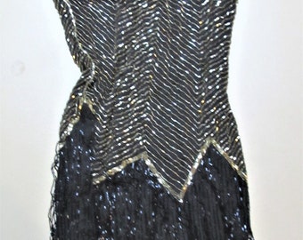 Vanna White evening party Black / gold Beads formal gown S Clingy dress TV wheel of fortune 1980's Prom