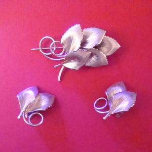 Brushed Silver jewelry Leaf brooch & clip Earring pin set