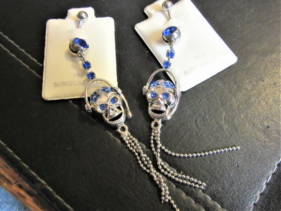 Silver 3  skull crystal belly ring navel hallowee… - image 3