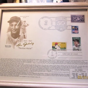 Lou Gehrig baseball ALS star stamps framed art &quot; iron Horse&quot; batter sports 1989