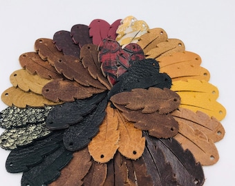 May include: Assortment of leather feather shapes in various colors and textures, including brown, black, gold, and red. Each feather has two holes for attaching to a project.