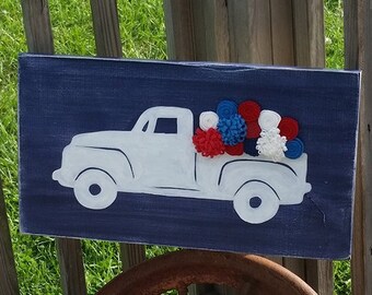 Fourth of July Sign - Red White and Blue Decor - Classic Truck Wood Sign - Felt Flower Decor - Old Truck Sign - Wooden Home Decor - Summer