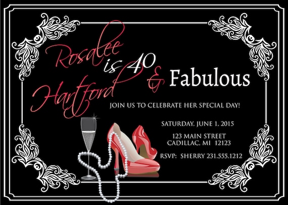Ladies 40th Birthday Invitation Adult Forty Fabulous Red Shoes