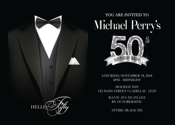 mens 50th birthday invitation adult 50th birthday party formal party invitation