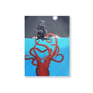 Kraken und Schiff Landschaft Kunstwerk Postkarte