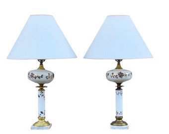 A Pair Of Tall Vintage Mid Century Glass Lamps / Brass and Marble / Vintage Home Decoration