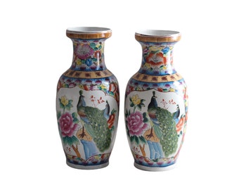 A pair Of Vintage Asian Porcelain Vase / Peacocks and Birds Vase / Vintage Home Decoration