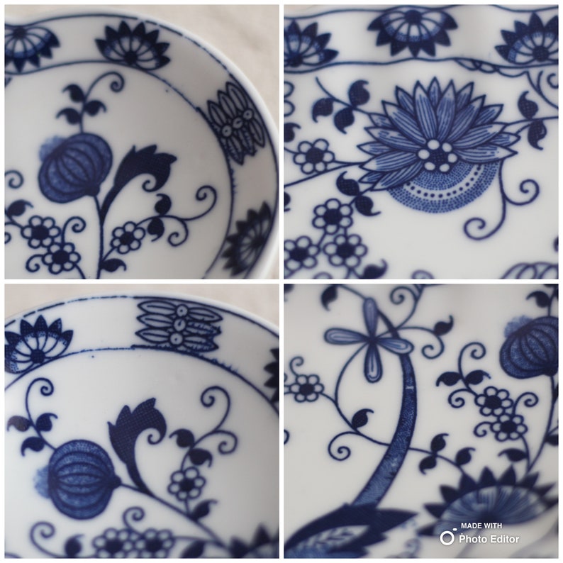 May include: Four close-up images of a white ceramic bowl with a blue floral pattern. The pattern features stylized flowers, leaves, and vines.