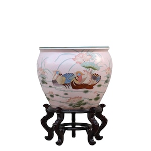 Vintage Extra Large Chinese Fish Bowl Table with Stand and Top Glass / Hand Painted Porcelain / Fancy Goldfish / Mandarin Ducks