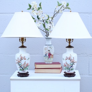 A Pair Of Vintage Japanese Cherry Blossom Table Lamps / Japanese Porcelain Lamps / Lighting / Vintage Home Decoration