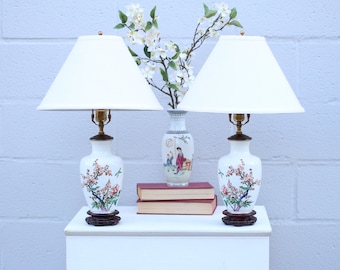 A Pair Of Vintage Japanese Cherry Blossom Table Lamps / Japanese Porcelain Lamps / Lighting / Vintage Home Decoration