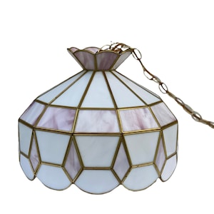 Vintage Stained Glass Chandelier / Ceiling Lamp / White and Purple / Vintage Home Decoration